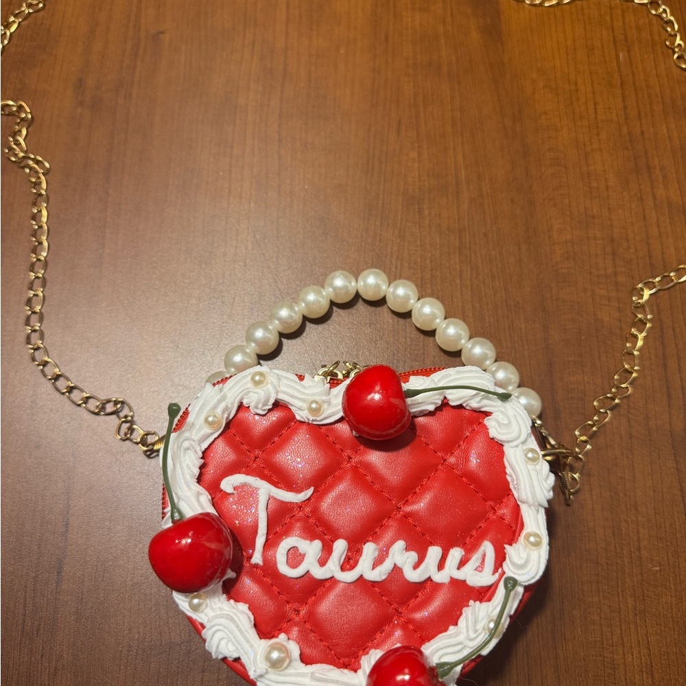 Red Heart-Shaped Taurus Bag with Pearls and Cherries